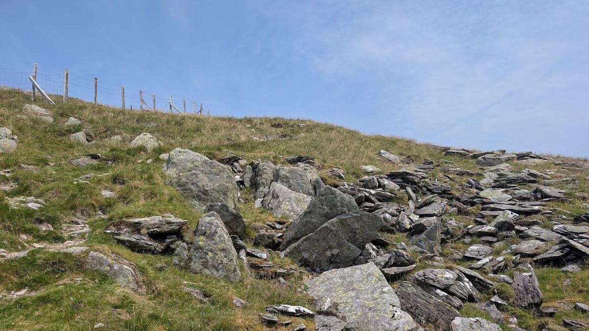 A wire fence running along the skyline of a rough Lakeland fell, with no stile or gate visible anywhere along it, and broken rock and rough grass on the slope below.