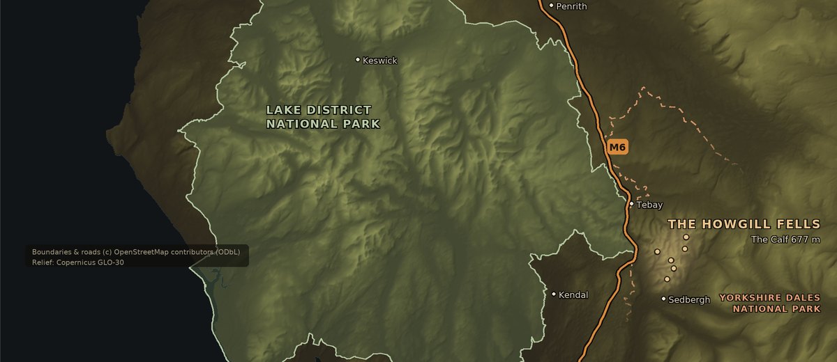 A relief map of Cumbria. The Lake District National Park is outlined on the left. The
              M6 runs north to south through the middle, and the six Howgill tops sit as a cluster to
              the EAST of it, outside the Park boundary and inside the Yorkshire Dales National Park,
              between Tebay and Sedbergh.