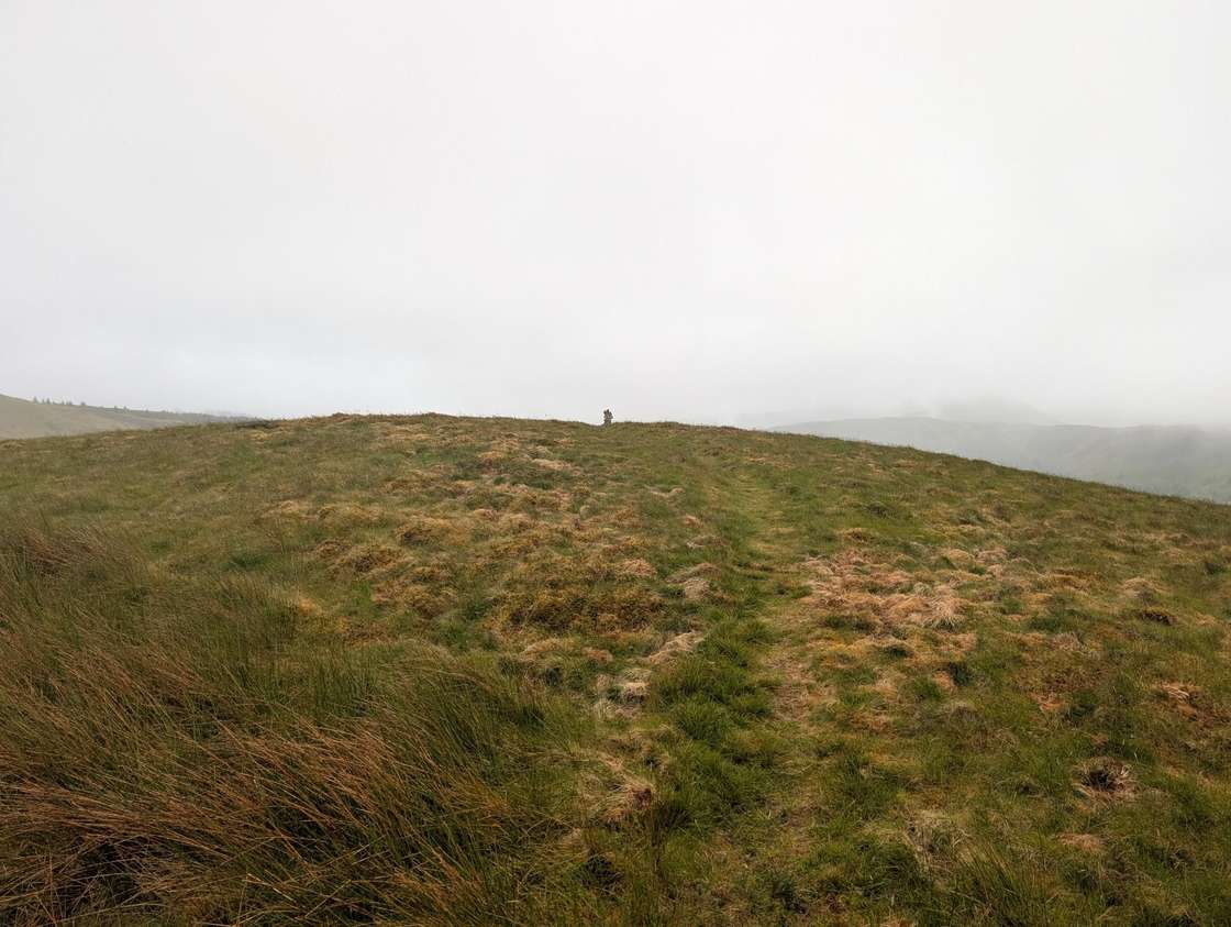 Broom Fell - a faint grassy path rising to a low summit cairn on the skyline, under flat misty grey cloud