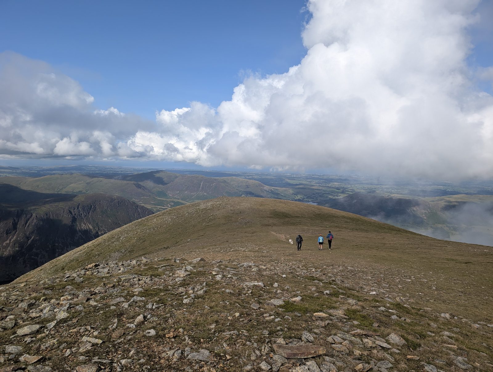 Grasmoor - the broad stony summit plateau with three walkers and a dog heading off along it, the fells of the north-west and the Solway plain beyond under towering cumulus