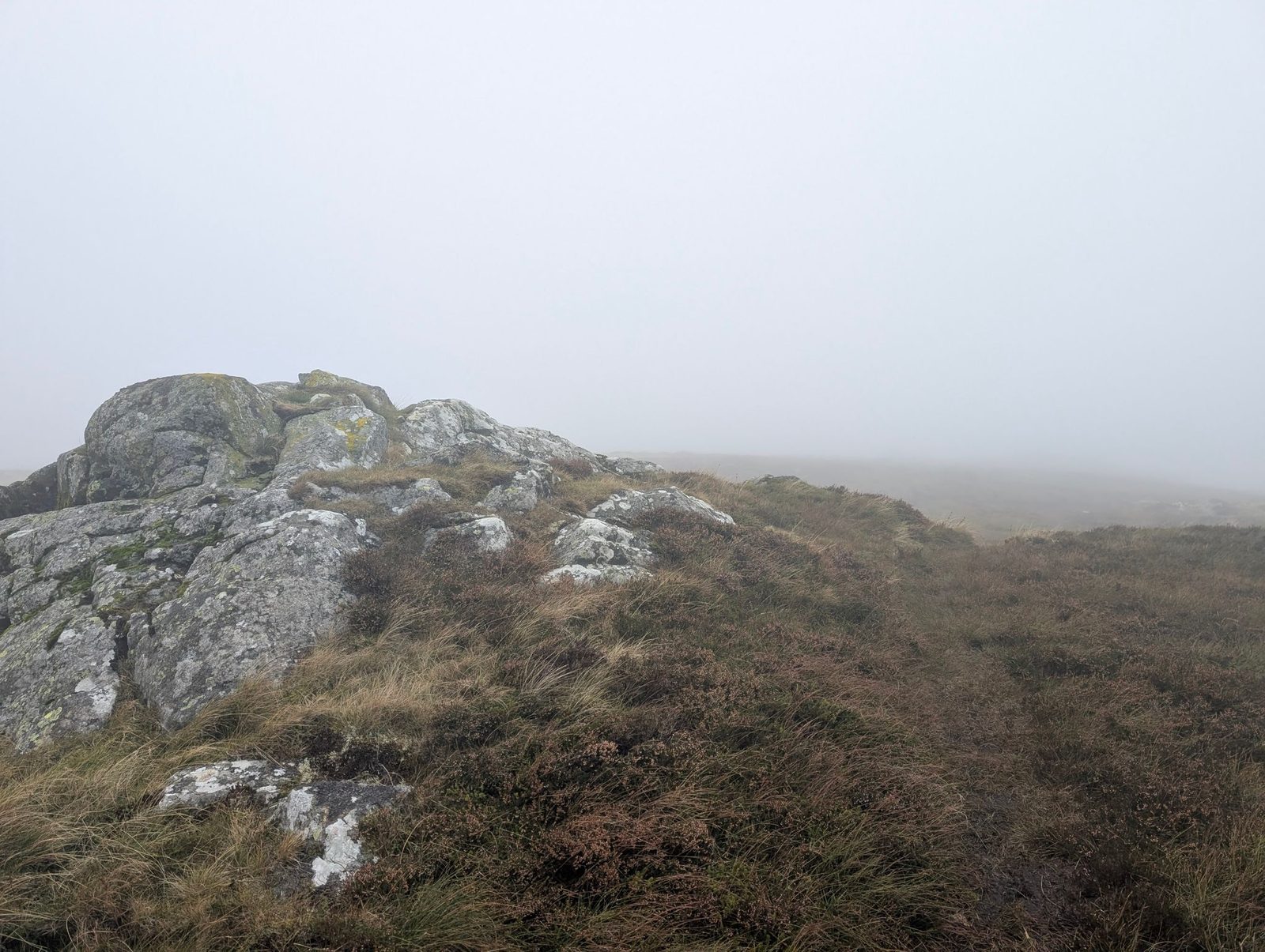 A low outcrop of lichen-covered rock in heather and grass on Round Knott's top, with the moor beyond lost in mist.