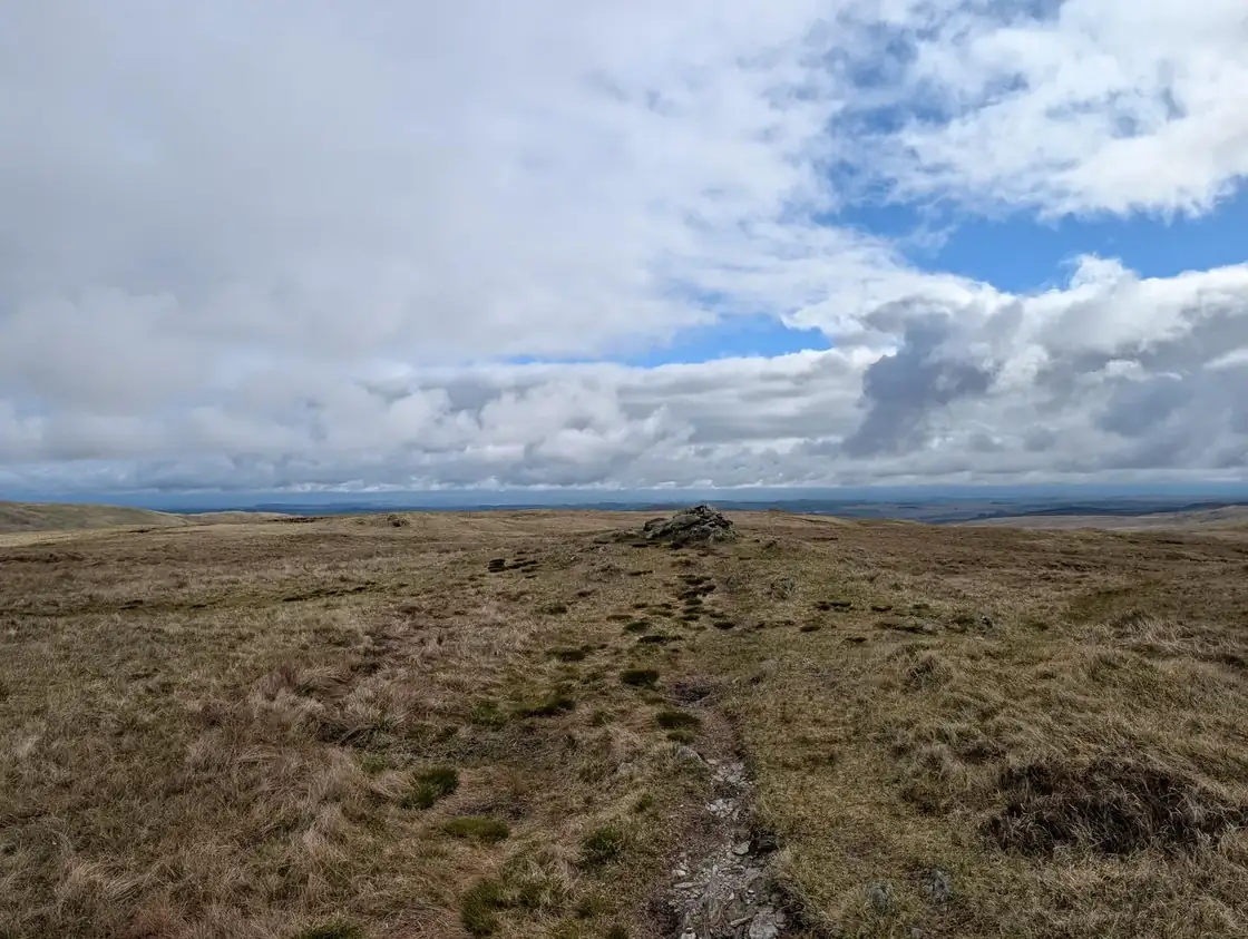 Tarn Crag - a faint path crossing boggy moorland to a low cairn, broad rough grassland under a big cloudy sky