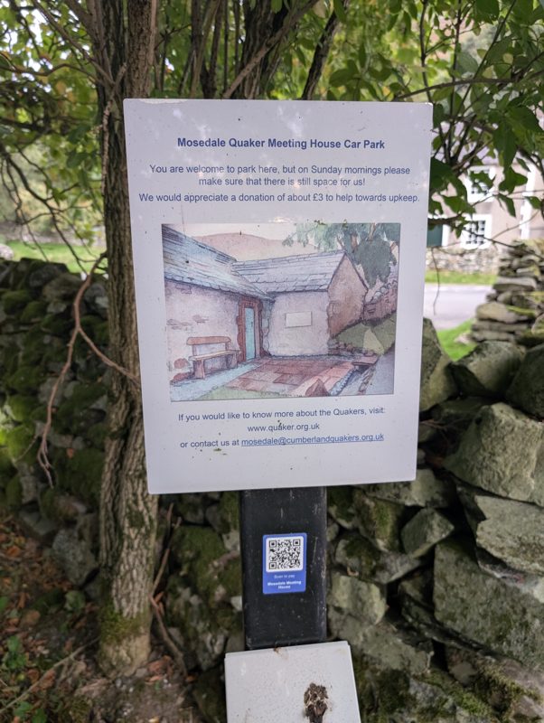 Sign at Mosedale Quaker Meeting House car park asking for a donation of about £3 towards upkeep