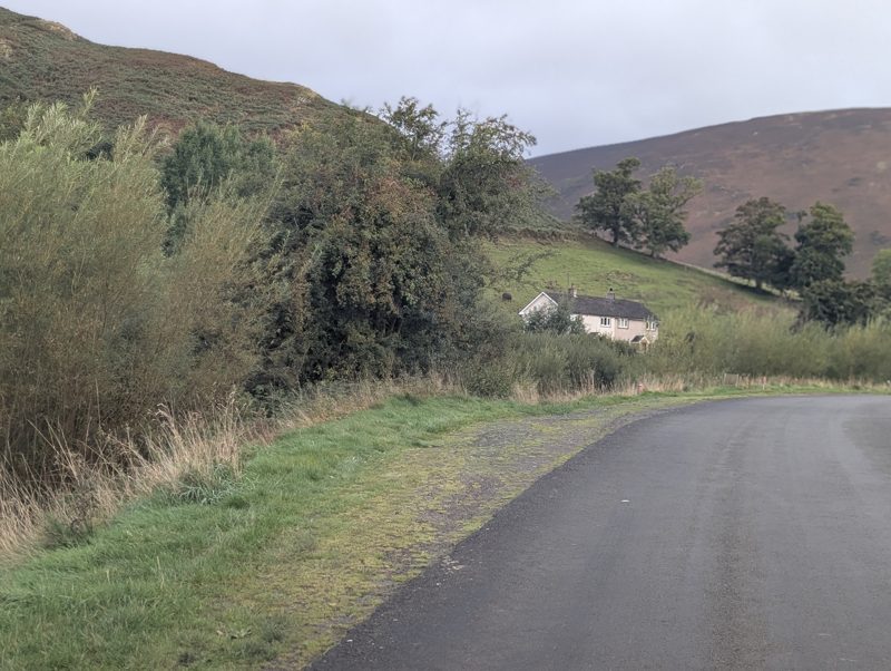 Grass verge beside the lane at Mungrisdale, with a white cottage below the fell
