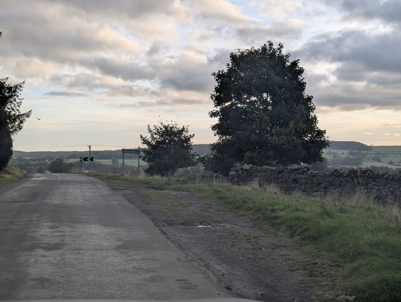 A wide verge on the lane north of Mungrisdale, with farmland ahead