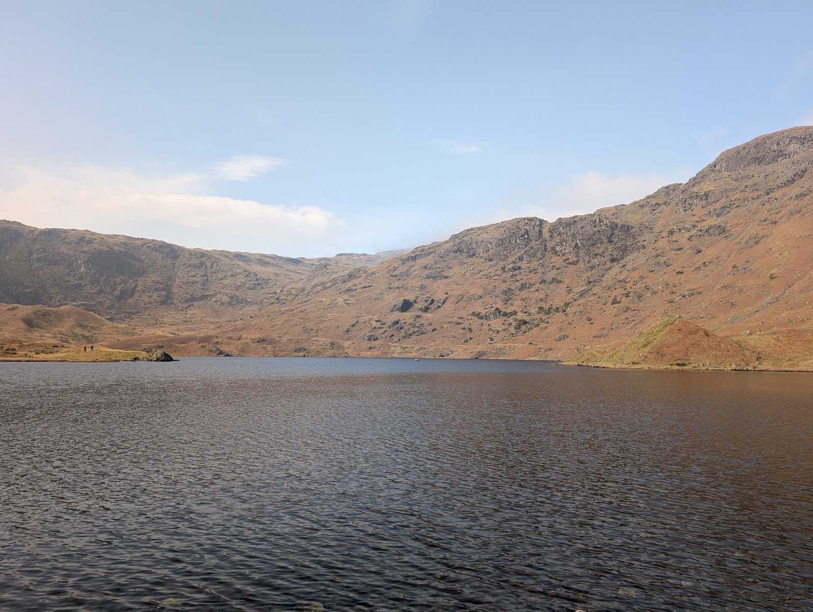Easedale Tarn's dark, rippled water below a long sweep of brown, rocky fellside under a pale blue sky, two small figures on the far left shore