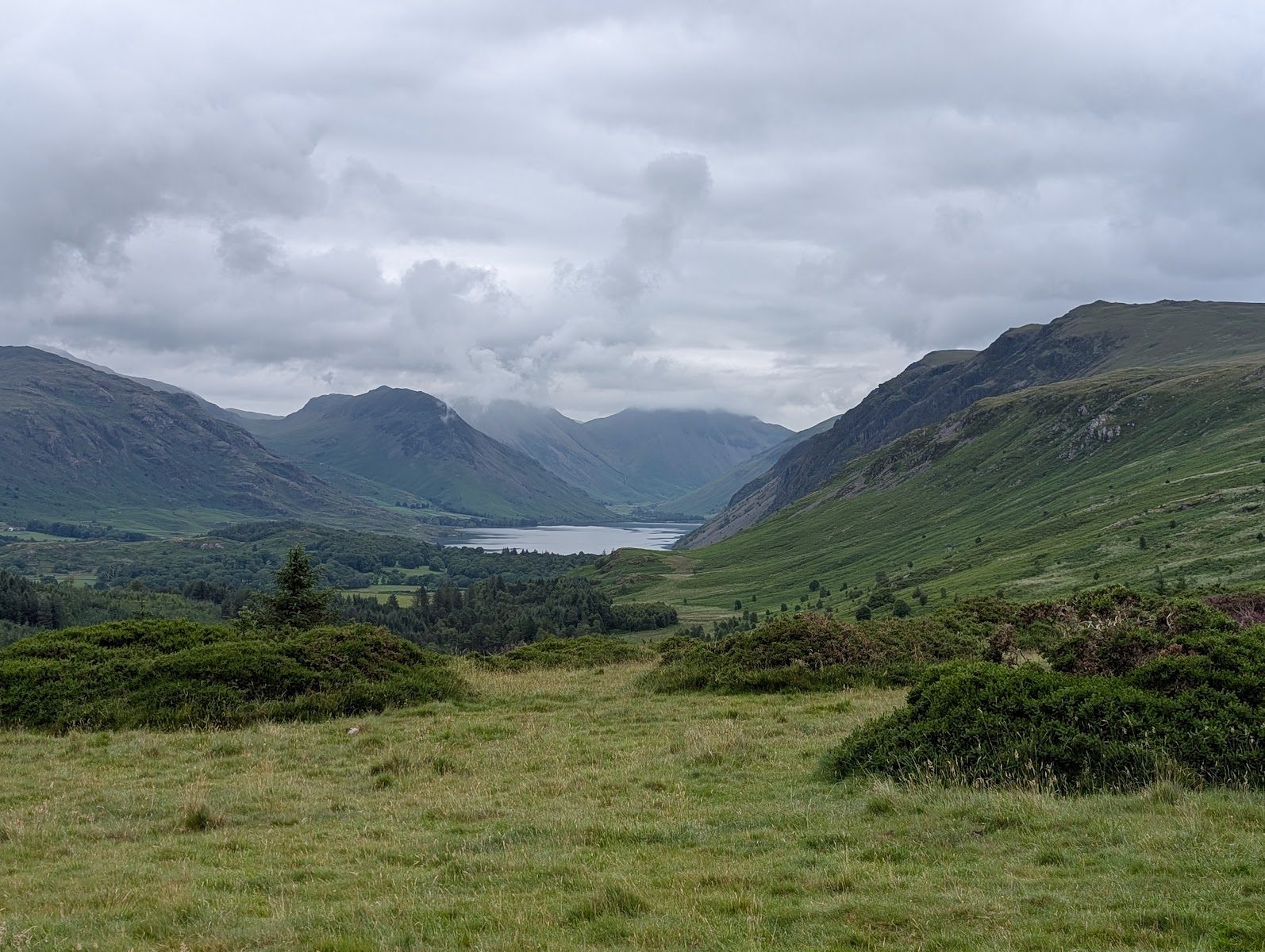 Looking up Wasdale over rough grass and low bushes to Wast Water, the fells at the head of the valley half hidden in low grey cloud