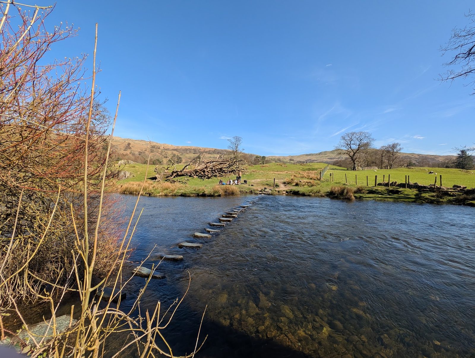 Stepping stones crossing the River Rothay in spring sunshine, with people picnicking beside a fallen tree on the far bank and low fells beyond