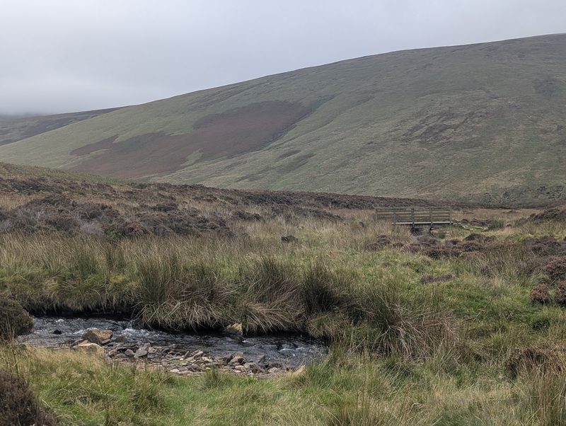 Wiley Gill running over stones through rough grass, a wooden footbridge beyond and the grassy fellside rising behind