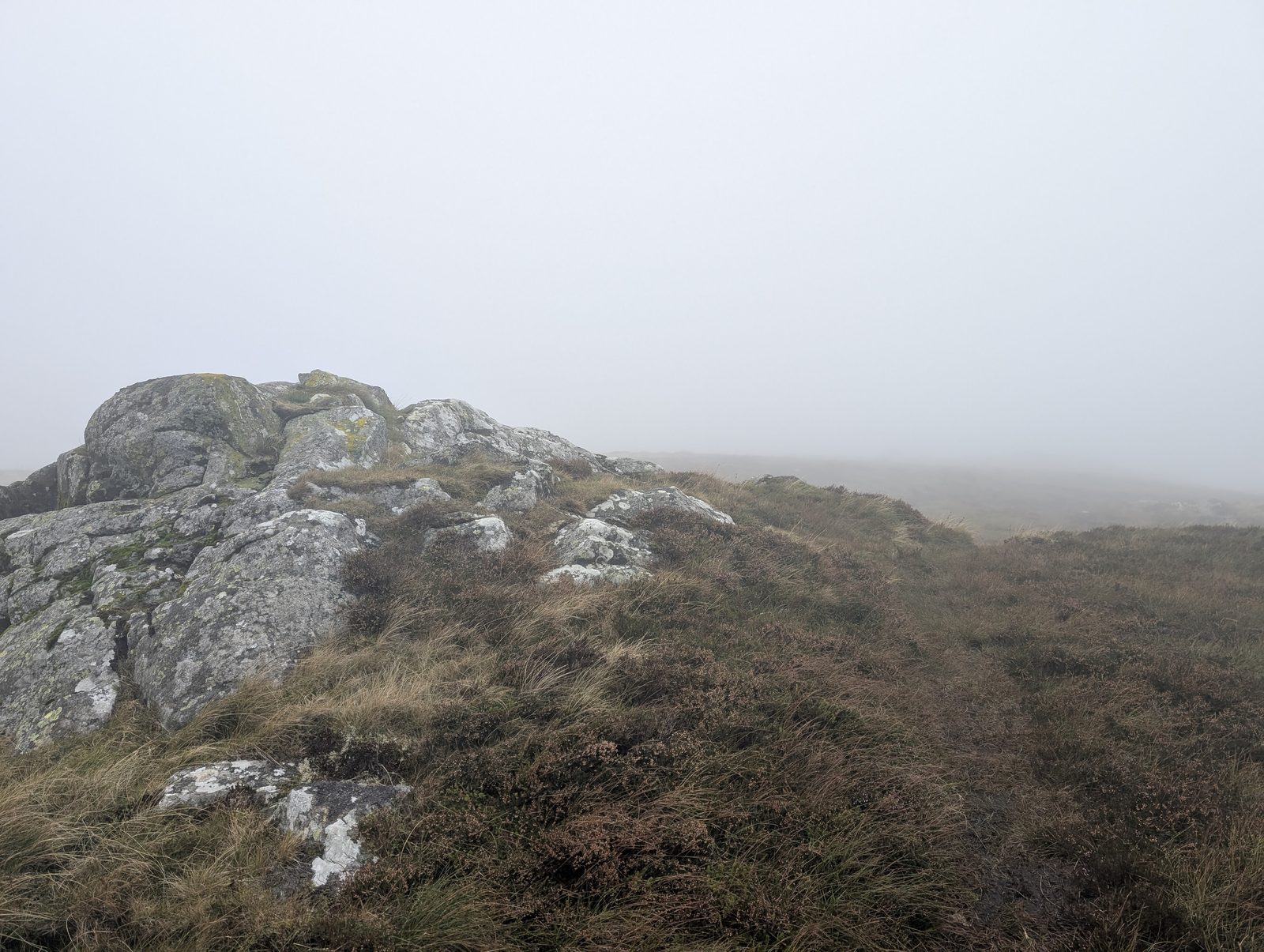 The lichen-covered rocks of Round Knott in rough grass and heather, the moor beyond lost in mist