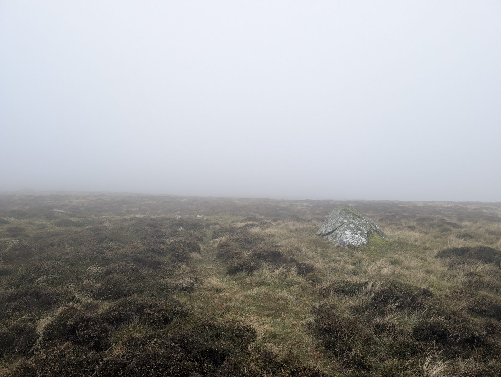 A single grey boulder in heather and grass on the broad moor beyond Great Lingy Hill, in mist