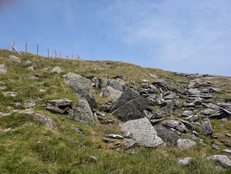 A steep grassy slope strewn with lichen-covered slate boulders, with a wire fence running along the skyline above