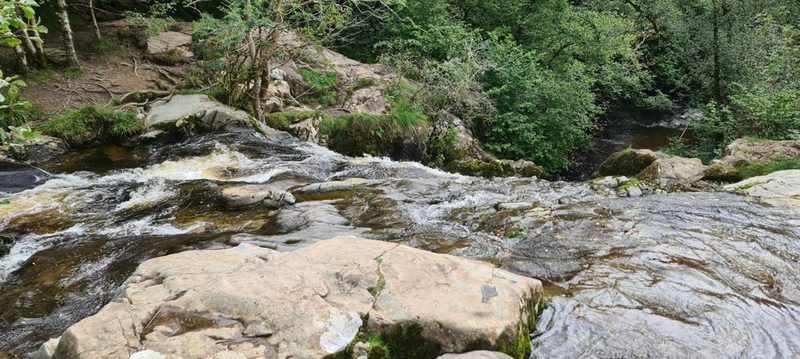 Aira Beck running fast over broad rock slabs between steep wooded banks, with trees leaning out over the water on both sides