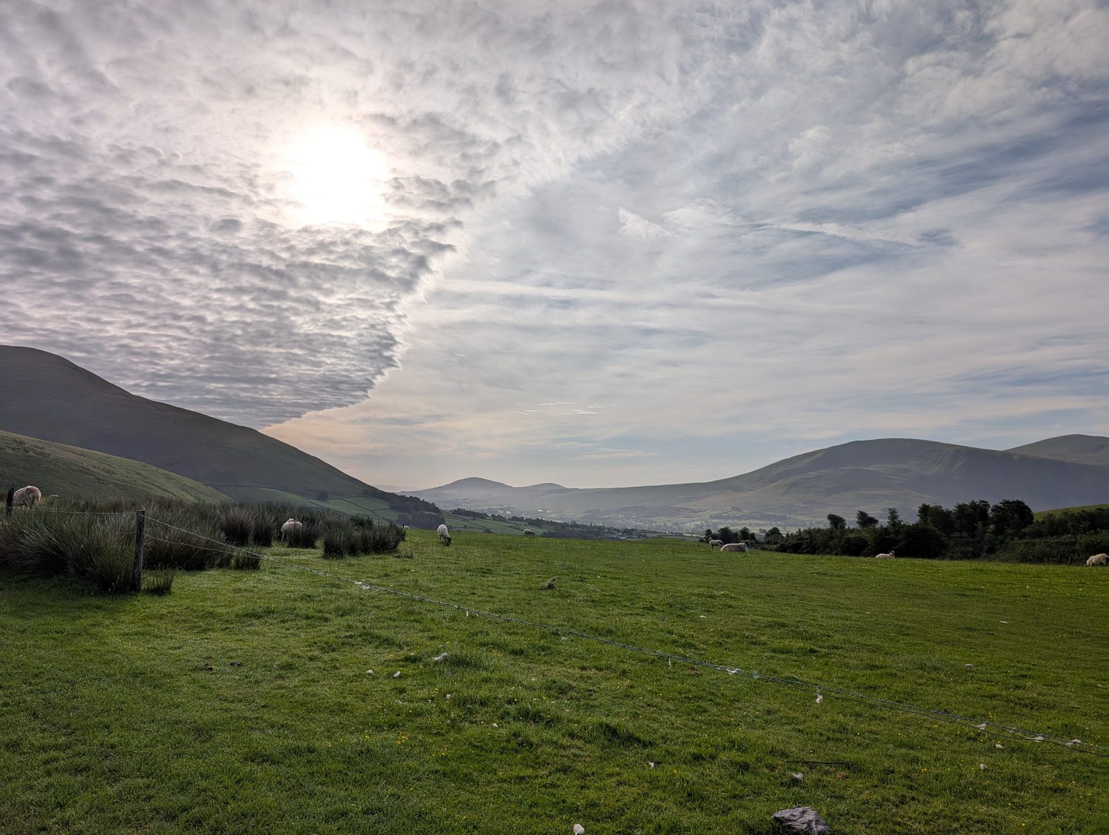 Early sun breaking through broken cloud over a sheep pasture at the foot of the fell, with the low ridge of the Skiddaw group on the left and the Glenderaterra valley running away ahead