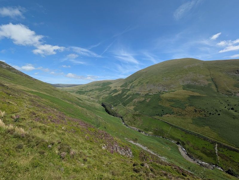 A deep green valley seen from its steep side, a beck running down the floor between bracken and heather with a rounded fell rising opposite